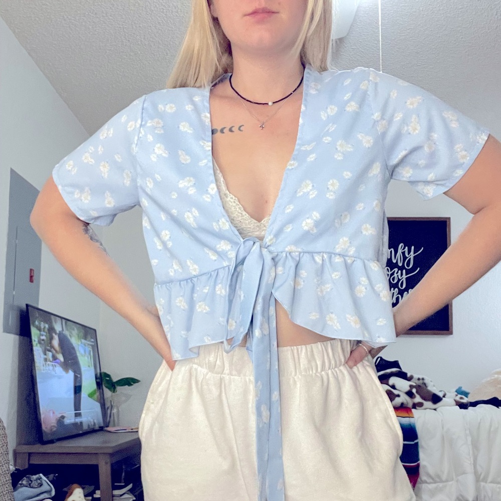 Blue Floral Tie Blouse